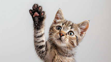 portrait of a cat, close up of a hand holding a cat, Cat giving high five, isolated on white, Funny ginger kitten at giving high five, isolated on white. Copy space, long hair cat giving high five, Ai