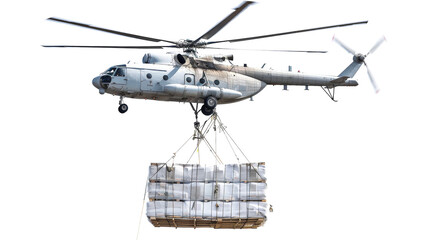 A helicopter carrying a multitude of bags suspended in the air