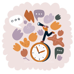 Cartoon vector illustration of Businesswomen around of Huge Clock. Business Woman Sitting on Top with Laptop, Moving Arrows on Dial. Teamwork, Deadline, Time Management in Working Process Concept over