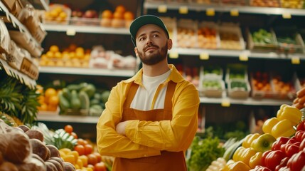 A man stands in front of a variety of fresh fruits and vegetables on display. - obrazy, fototapety, plakaty