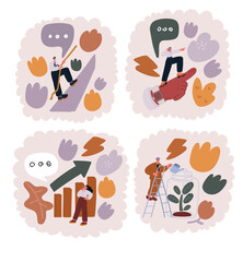 Cartoon vector illustration of Team of business people celebrate success in work collaboration together, People investment arrow graph. Growing Money Plant On Coins concept. Finance and Investment. Ma