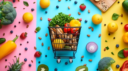 A shopping cart filled with various fresh fruits and vegetables.