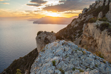 Beautiful landscape with sea and rocks, sunset on the Mediterranean sea.