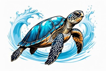 Turtle glides through its aquatic environment, showcasing beauty, tranquility of underwater world. For Tshirt design, posters, postcards, other merchandise with marine theme, childrens books, tourism.