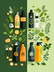 A green background with various bottles and containers of cleaning products