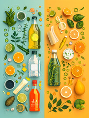 The image is a colorful collage of various fruits, vegetables, and bottles