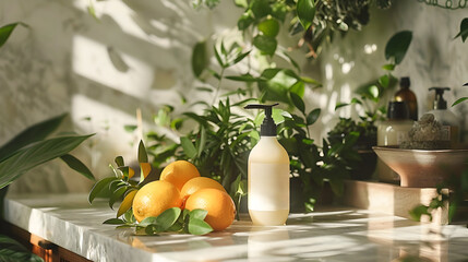 A bottle of lotion sits on a counter next to a bunch of oranges