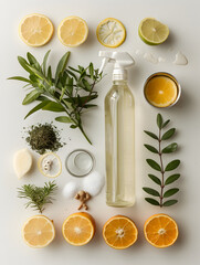 A white background with a variety of fruits and herbs, including lemons, oranges
