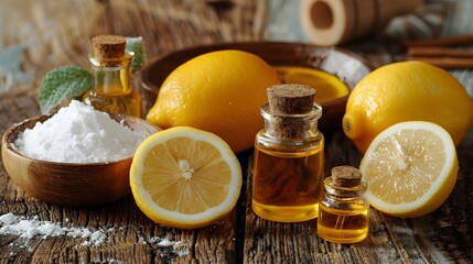 A bowl of lemons and a bottle of lemon oil are on a wooden table