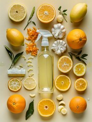 A bottle of lemon cleaner sits on top of a pile of oranges and lemons