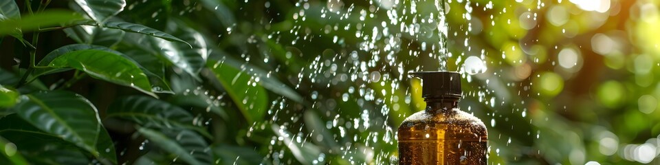 A bottle of oil is sitting in the rain