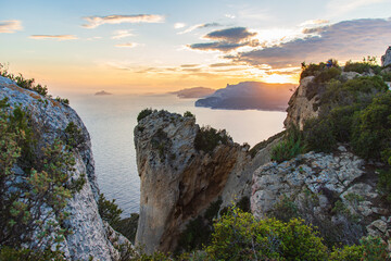 Beautiful landscape with sea and rocks, sunset on the Mediterranean sea.
