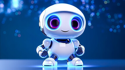 A robot with purple eyes stands in front of a blue background