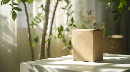 A brown cardboard box sits on a white table in front of a window