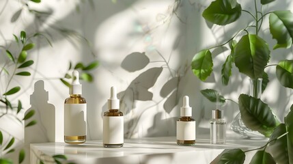 A row of four bottles of perfume are displayed on a table