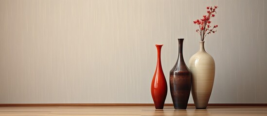 Arrangement of three vases with vibrant red flowers displayed on a textured wooden floor