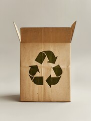 A cardboard box with a green recycling symbol on it