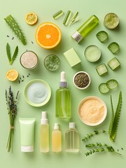 A green background with various green items including a bottle of lotion