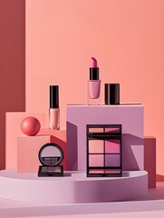 A display of makeup products, including a pink lipstick, a pink nail polish