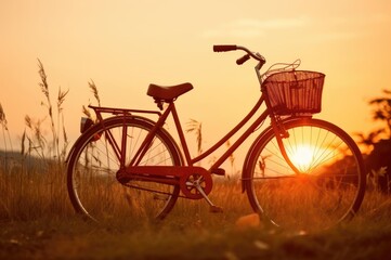 Naklejka premium Vintage bicycle with basket on a meadow at sunset, during the golden hour. A retro style bike in a countryside landscape, with soft focus blurred background