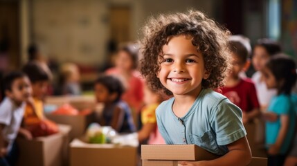 Happy Little Children Volunteers put donated food and water in boxes at the distribution center....