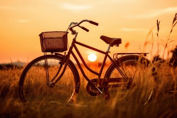 Naklejka premium Vintage bicycle with basket on a meadow at sunset, during the golden hour. A retro style bike in a countryside landscape, with soft focus blurred background