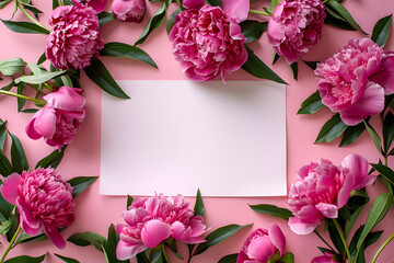 Fototapeta premium A white card is placed in a picture frame made of pink flowers and green leaves, against a pink background. The botanical arrangement features a mix of nature elements in shades of pink and magenta