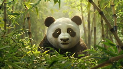 Amidst a serene bamboo forest, a majestic panda gracefully navigates through the lush greenery, its...