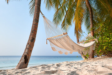 Hammock between palmtree on white sand beach of tropical island