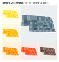 Nebraska, United States. Map collection. State shape. Colored counties. Blue Grey, Yellow, Amber, Orange, Deep Orange, Brown color palettes. Border of Nebraska with counties. Vector illustration.