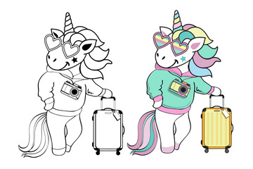 Beautiful summer unicorn with a suitcase. Color and black-and-white coloring for children. Vector illustration of a traveler
