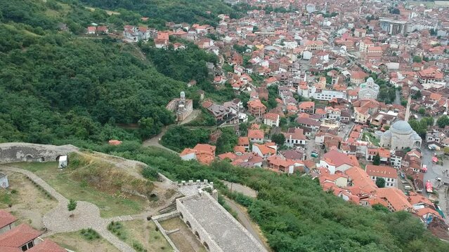 Aerial view on city of Prizren in Kosovo, Europe, summer 2019