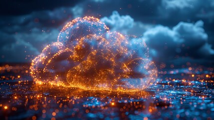 Imagery showcasing a holographic cloud on a blue background, representing the innovative concept of cloud technology, cloud storage, and the evolution of network technology.