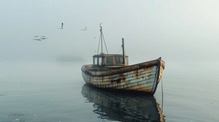 Naklejka na ściany i meble Amidst the foggy morning mist, a vintage fishing vessel emerges from the haze, its wooden hull adorned with intricate carvings and weathered by years at sea.