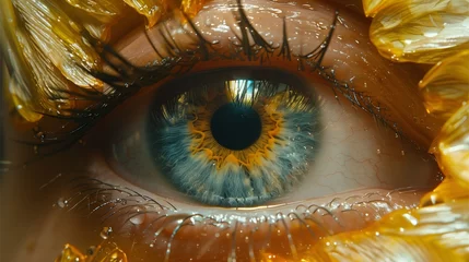 Möbelaufkleber Striking close-up of a blue human eye with feather eyelashes: macro shot showcasing a detailed blue iris surrounded by golden feather eyelashes © Andrea Marongiu