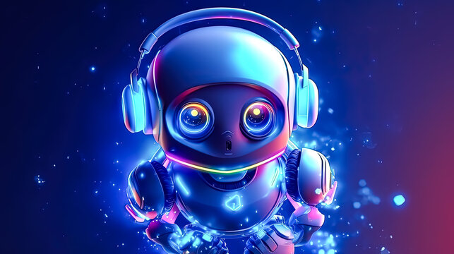 A robot with neon colored headphones on its head