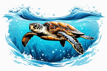 Majestic turtle is seen gliding effortlessly through water, its movements slow, graceful. For Tshirt design, posters, postcards, other merchandise with marine theme, childrens books.