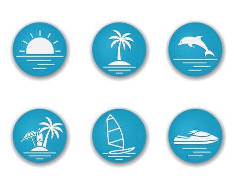 sea vacation round icon set. sun, beach and palm. vector color illustrations for tourism design