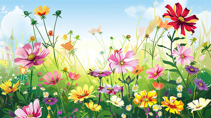illustration natural colorful summer meadow with many common cosmos under a blue sky
