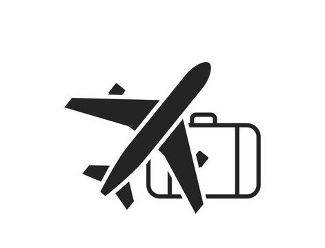 plane and luggage icon. air travel, vacation and journey symbol. black and white vector image for tourism design