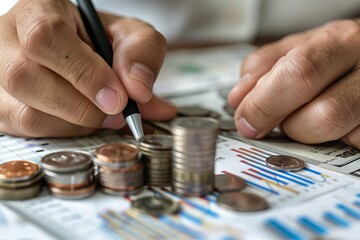 Hands drawing graphs, with money coins nearby. Concept of business finance, analysis, calculation, tracking of trends, financial planning, budgeting and strategic decision-making for stability growth.