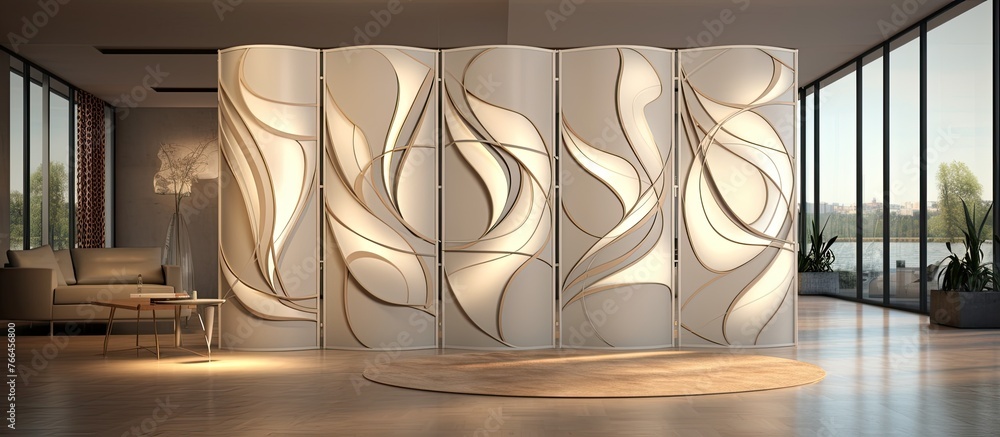 Poster a detailed view of a partition separating a living space with a comfortable sofa and a coffee table