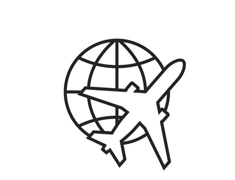 air travel line icon. plane and globe. vacation, journey and aviation symbol. isolated vector image for tourism design
