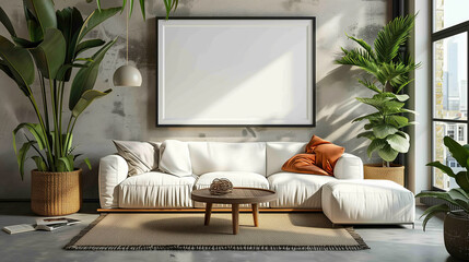 Modern living room, Horizontal frame mockup, Blank artwork frame mockup on white room wall, Wooden...
