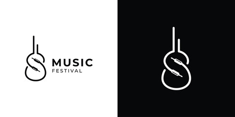 Creative Music Festival Logo. Guitar and Plug with Linear Outline Style. Musical Logo Icon Symbol Vector Design Inspiration. - obrazy, fototapety, plakaty