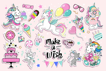 Collection of cute unicorns and mice for birthday. Vector illustration isolated. Design for t-shirt, room decoration - 766457472