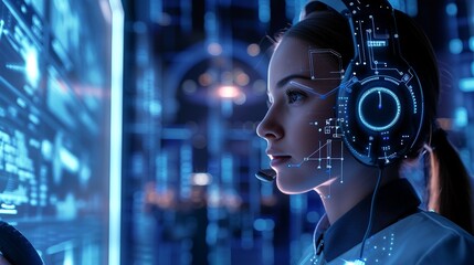 A woman wearing headphones looks out a window.