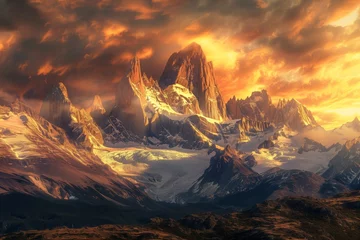 Schilderijen op glas Majestic mountain landscape under fiery skies © gearstd