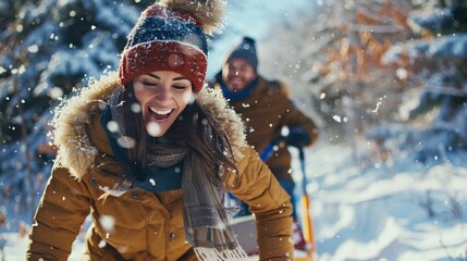 This is a picture of a couple happily climbing a snowy hill while holding a sled. - obrazy, fototapety, plakaty
