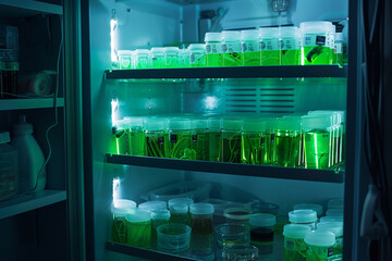 Laboratory fridge stocked with cartilage tissue samples in containers, glowing with lime light against dark interior, isolated on a white background